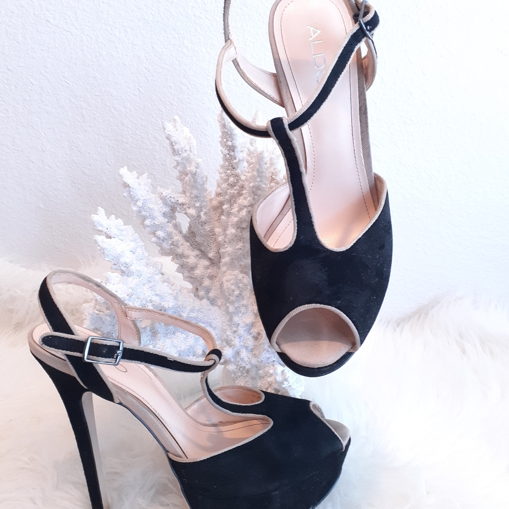 Aldo Black Suede Peep-Toe T-Strap Platform Heels